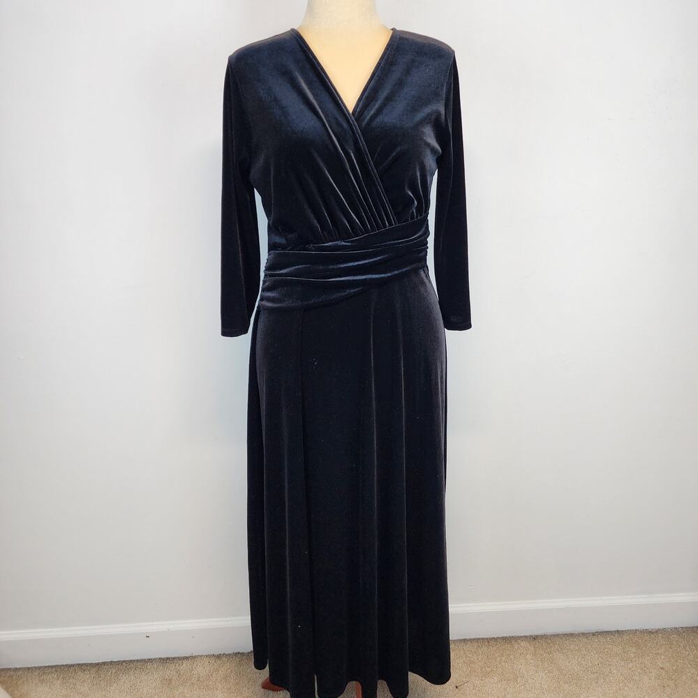 Chaus Full Length Velvet Dress Size L Black Surplice 3/4 Sleeve Ruched Cocktail